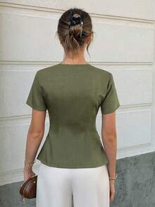 Elyressa 女款編織法式休閒夏季襯衫 - 軍綠色 - 查看 2
