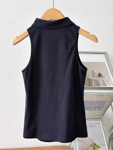 Livesso Débardeur sans manches à col revers, coupe slim, devant mi-ouvert pour femmes - Bleu marine - Voir 5