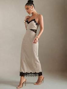 Hauture Đầm midi hai dây kẻ sọc hở lưng, phối ren và viền ren. - Màu Xám nhạt - Xem 1