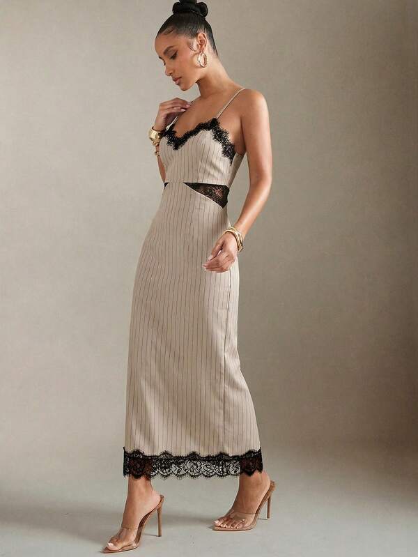 Hauture Lace Insert & Hem Open Back Pinstripe Cami Midi Dress