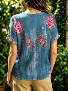 Selamara 波西米亞風 Boho 熱帶藍粉色做舊花卉仿刺繡 V 領短袖上衣 森系復古丹寧夏季休閒半件式 T-shirt 野餐穿搭 - 彩色 - 查看 2