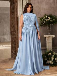 Aureia Vestido de noche elegante y romántico de talla grande, azul con lentejuelas, bordado, técnica de quemado, cuello redondo, sin mangas, cintura acampanada, bajo fruncido y holgado, adecuado para fiesta de noche, cita, baile, vacaciones, invitada de boda, vestido de gala con trabajo pesado - Celeste - Ver 13
