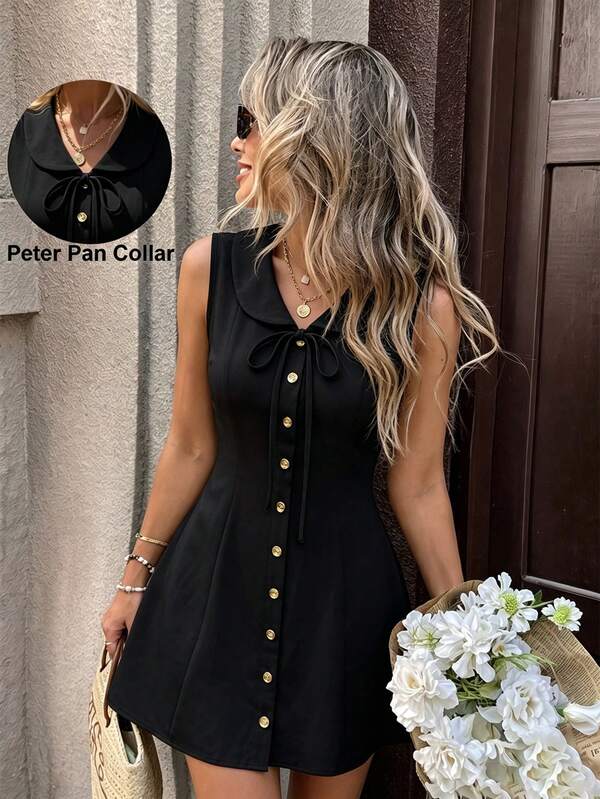 SHEIN PariChic Vestido francés con cuello Peter Pan suave, cintura con botones y lazo, falda línea A, atuendo con vibra dulce para chica para cita de San Valentín / salida al jardín de Pascua / temporada de graduación y fotografía de viaje