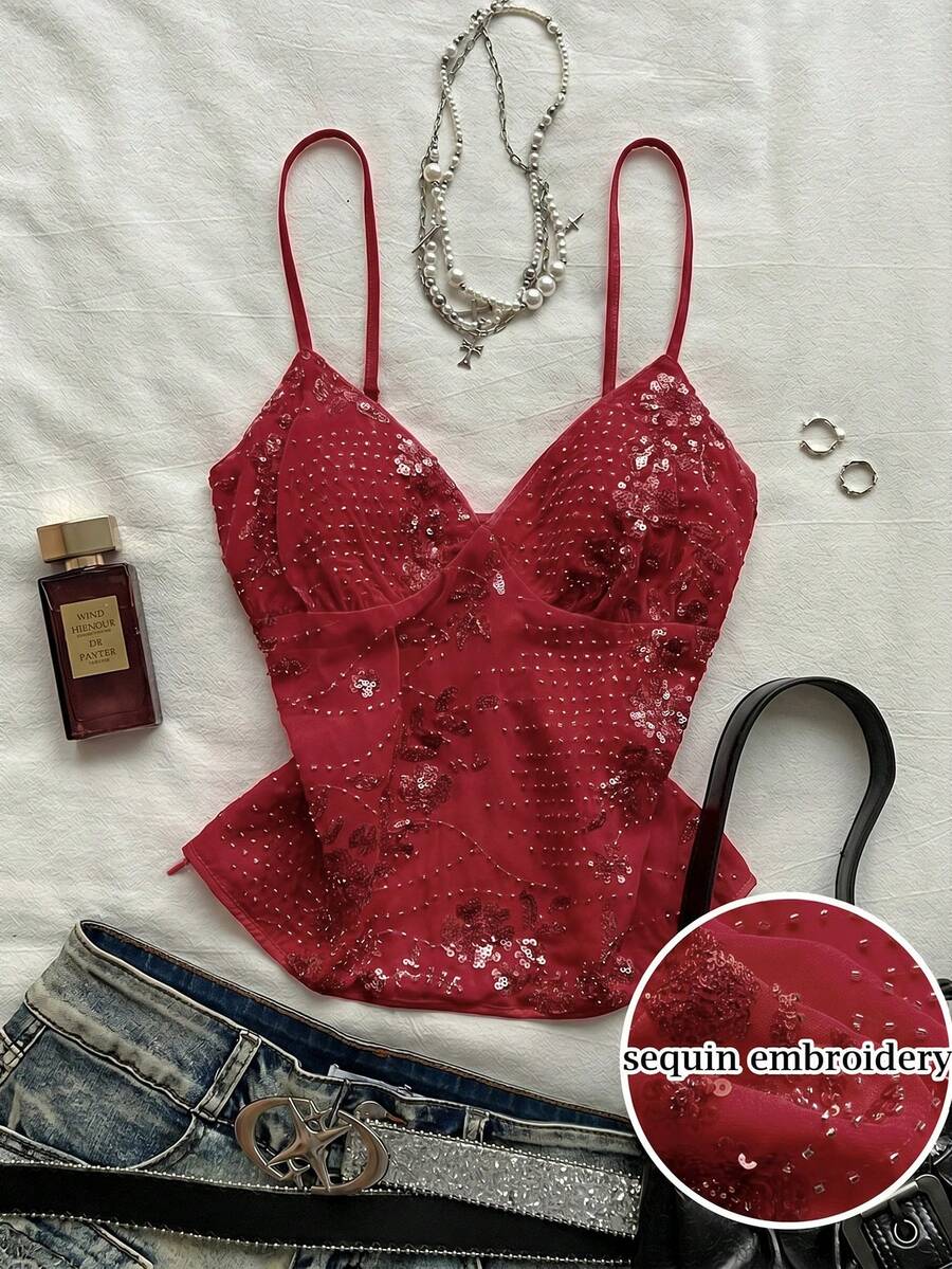 Attitoon 休閒極簡度假波希米亞風優雅浪漫復古奢華3D刺繡亮片花卉粉色細肩帶露背女款上衣,適合音樂節、海灘、度假、夏季出遊 - 紅色 - 查看 1
