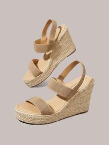 Styleloop Ladies Straw Hemp Rope Sole Electric Embroidery Upper Wedge Heel Platform Sandals Summer - Khaki - View 6