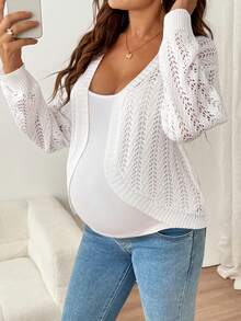 SHEIN Cardigan Rajut Berongga Warna Polos Serbaguna Kasual untuk Ibu Hamil - Putih - View 9