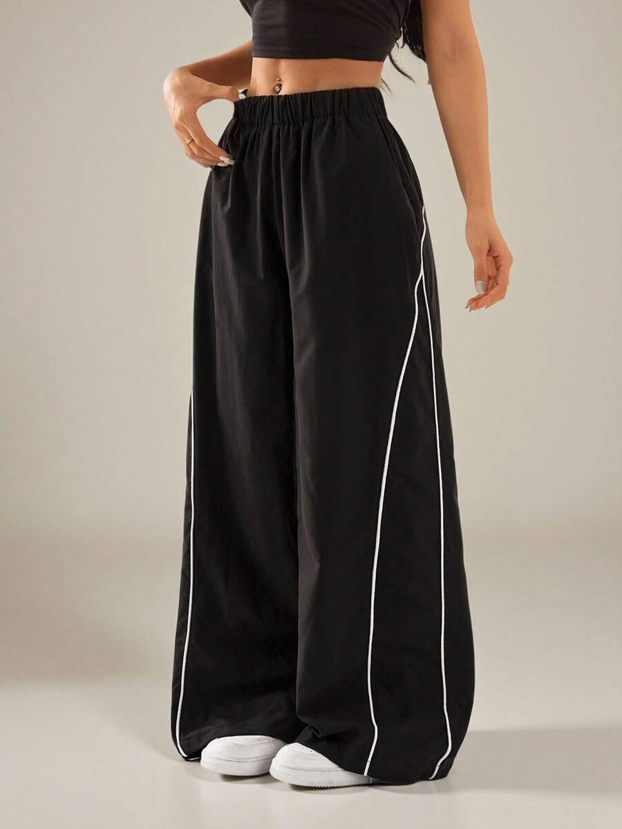SHEIN PETITE Pantalon noir à jambes larges pour femmes, style streetwear vintage, festival, sortie, retour à la maison, basique, essentiels pour le port quotidien, automne/hiver, pour femmes de petite taille