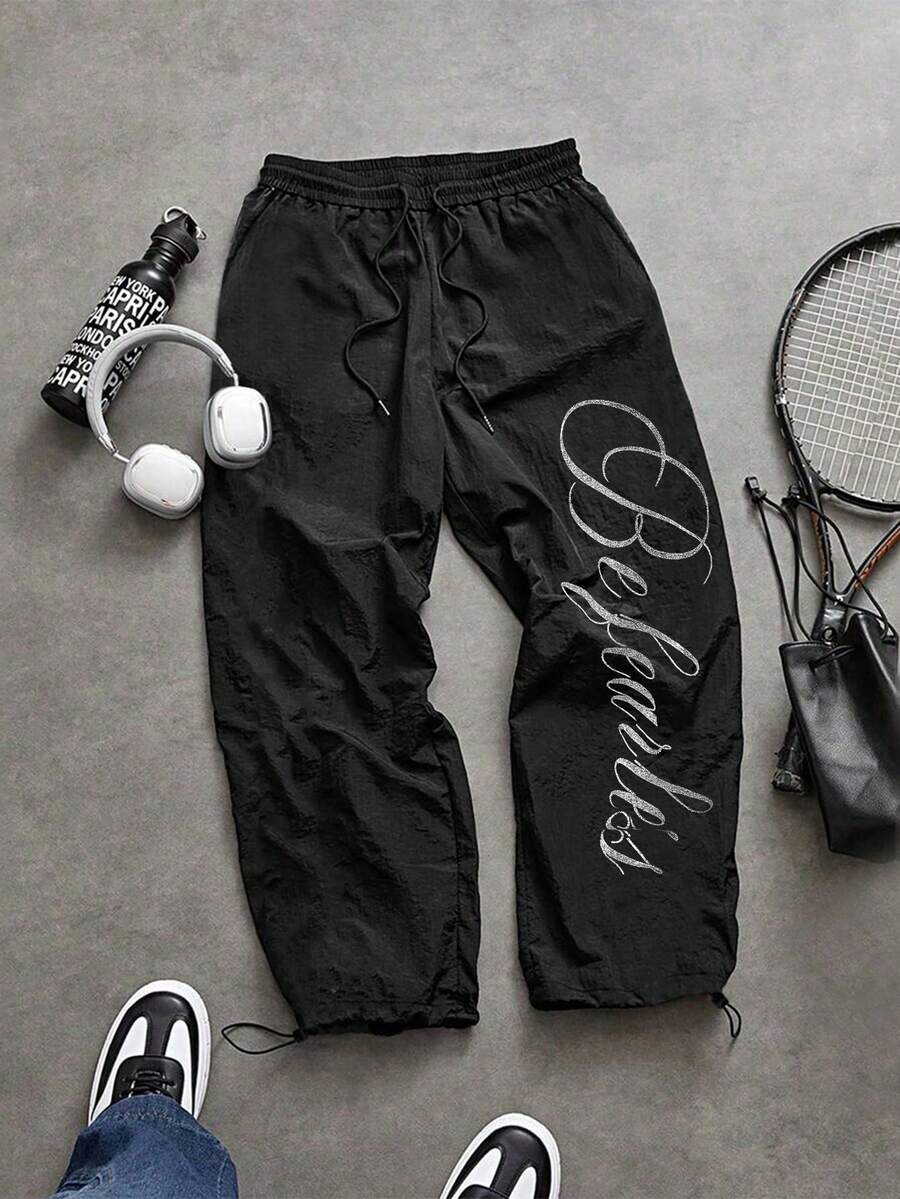 Sport MetroGents 男士時尚字母印花對比色抽繩腰休閒運動長褲 - 黑色 - 查看 1