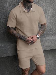 Manfinity CasualCool 男士紋理寬鬆版型短袖休閒 Polo 衫套裝 - 卡其色 - 查看 3