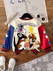 LOONEY TUNES X SHEIN 男婴休闲日常通勤时尚街头卡通字母印花撞色落肩宽松抓绒保暖圆领卫衣，秋冬季 - 白色 - 查看 2