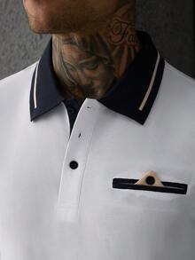 Manfinity CasualCool 男士拼色短袖 Polo 衫與短褲休閒套裝，海軍藍夏季度假風 - 白色 - 查看 4