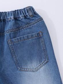 SHEIN 女童牛仔長褲 夏季新款復古街頭風休閒中藍色破洞水洗工藝彈性高腰寬鬆直筒褲 柔軟親膚精紡棉牛仔面料 日常百搭 適合搭配衛衣T恤 校園出遊 日常穿搭 復古風牛仔長褲 - 中等水洗藍 - 查看 7