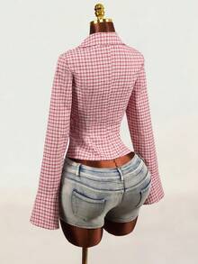 Mistrie Pure Cotton Button-Down Long-Sleeved Polo Shirt With Hollowed-Out Design And Fringed Sleeves In Pink Plaid Check Pattern. 2000s Y2k Night Out Autumn - Red - View 2