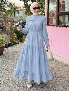 Dazy Tall Women's Small Stand Collar Waist-Cinching Long Pleated Fabric Elegant Dress Fall - Blue - View 1