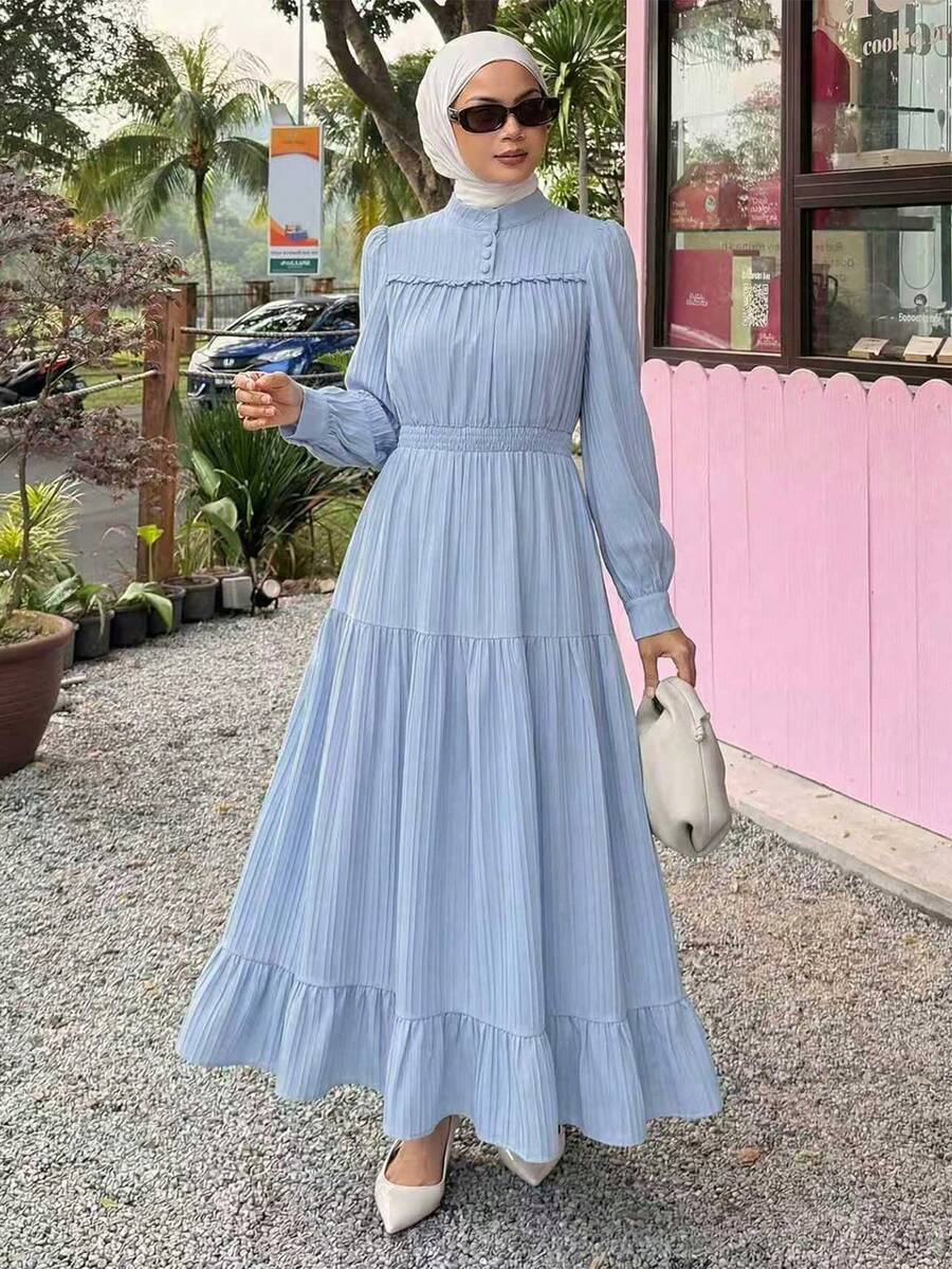 Dazy Tall Women's Small Stand Collar Waist-Cinching Long Pleated Fabric Elegant Dress Fall - Blue - View 1