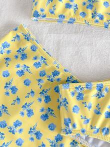 SHEIN 女童小女孩花卉印花比基尼三角褲兩件式泳衣套裝附裙子，適合夏季度假與海灘 - 黃色 - 查看 8