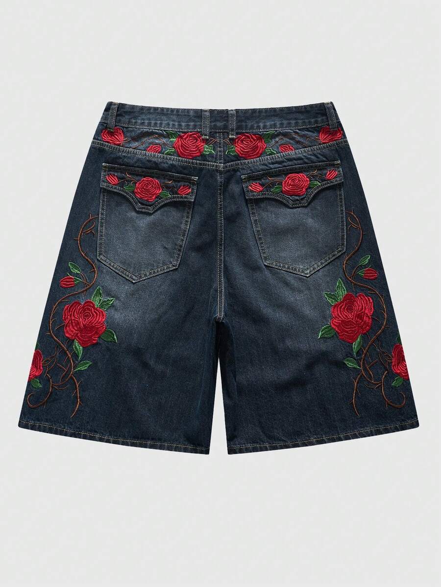 ROMWE MEN Pantalones cortos de mezclilla holgados con bordado floral para hombres - Azul - Ver 1