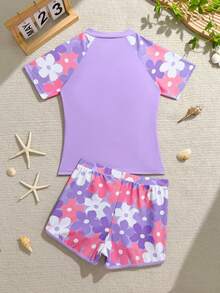 SHEIN 青少年女孩度假花卉印花插肩袖短袖短褲休閒坦基尼套裝 - 淡紫色 - 查看 2