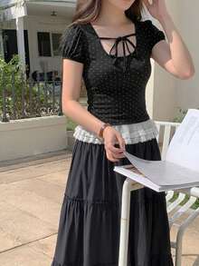DAZY 女款圓領波點領結短袖T恤 - 黑色 - 查看 5