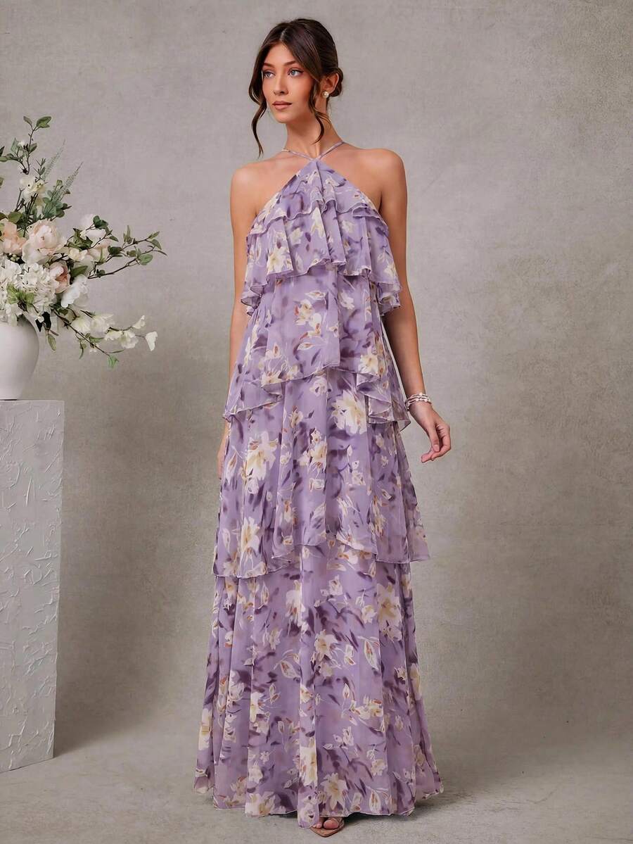 L'Amorae Elegant Romantic Wedding Guest Solid Halter Tiered Chiffon Maxi Dress - Purple - View 1