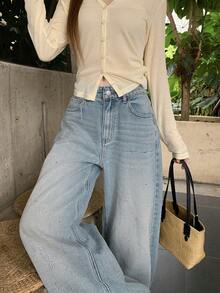 DAZY Women's Loose Straight Leg Long Pants Rhinestone Bow Decor Casual Denim Jeans Fall - Light Wash - View 4