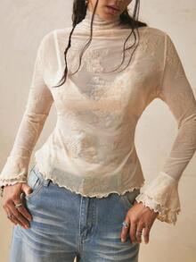 Freevana Women's Plus Size Long Sleeve Sheer T-Shirt, White Sequin Flocked Lace Knit Top, Slim Fit, Ruffle, Elegant Boho Western Casual Autumn Tea Party - Apricot - View 7