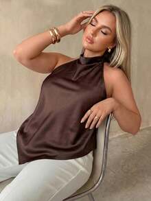 Auralis Brown Satin Plus Size Halter Neck Pullover Top / Elegant Commute Vacation Backless Blouse / Asymmetric Hem Plus Size Shirt /Concert Summer - Brown - View 6