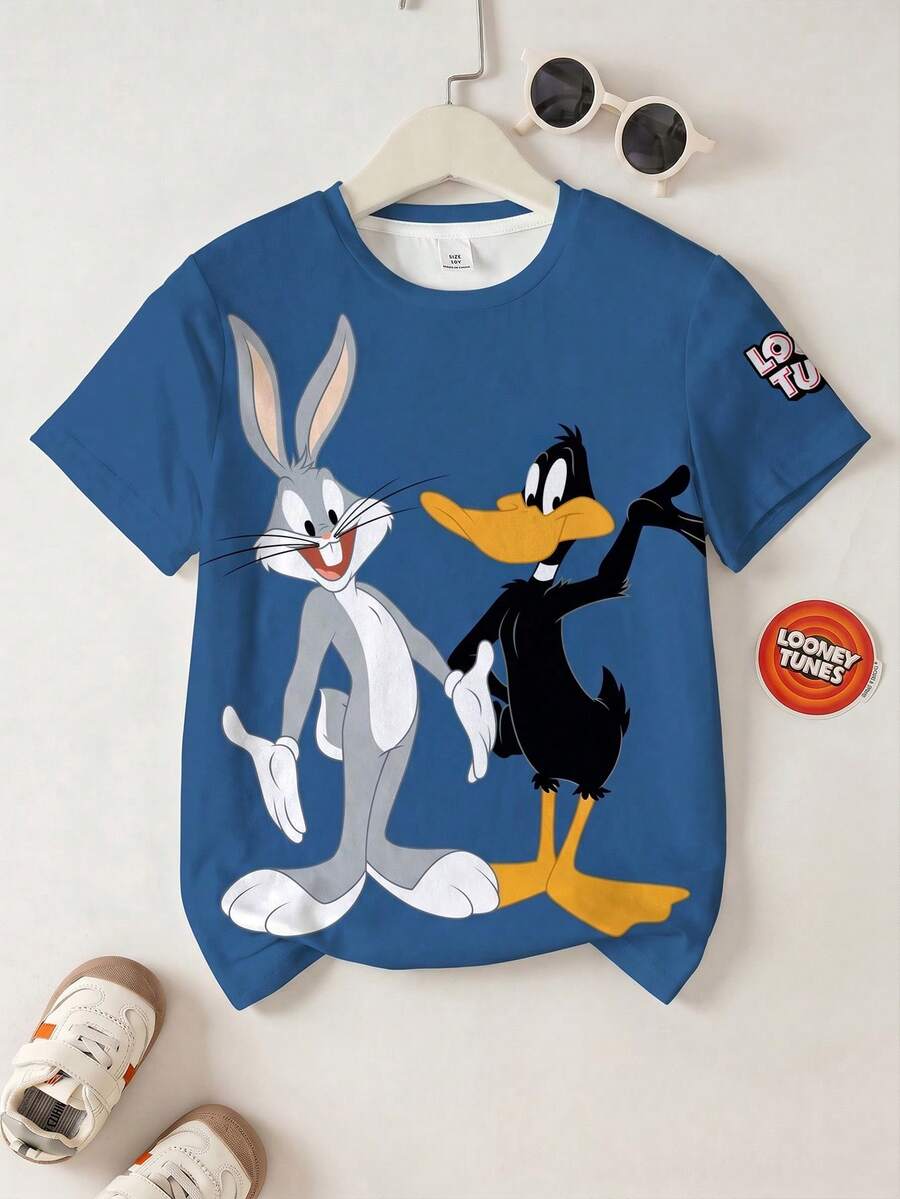 LOONEY TUNES X SHEIN 男童休闲度假日常趣味卡通字母印花短袖T恤,夏季 - 白色 - 查看 1