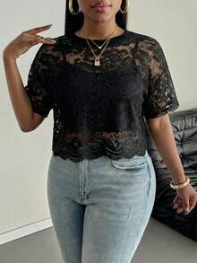 SHEIN PETITE CURVE 大尺碼女款蕾絲圓領短袖透視襯衫 - 黑色 - 查看 5