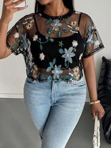 SHEIN PETITE CURVE 夏季度假女款花卉刺繡時尚上衣，女士性感荷葉邊飾，透視落肩圓領寬鬆多彩滿版印花，花卉植物女上衣，春夏季休閒日常穿搭 - 彩色 - 查看 5