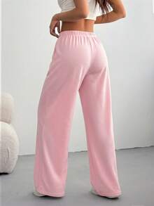 SHEIN Tall CURVE 大尺碼女款純色抽繩腰休閒軟牛仔日常運動褲居家輕便褲 夏季健身工作淺粉色 - 粉色 - 查看 2
