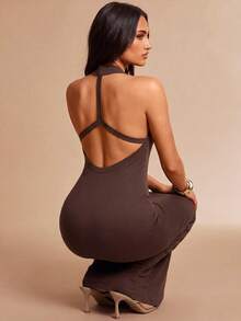 Silquee Women's Basic Dark Brown Ribbed U-Neck Dress, Versatile, Backless, Crossover Design, Fitted Halter Neck Dress, Summer Dress, Vacation Sexy - Brown - View 1