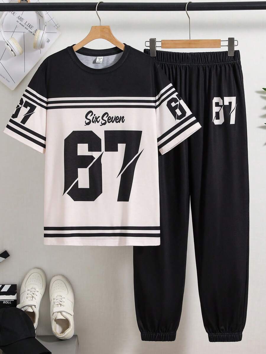 SHEIN 青少年男童休閒簡約短袖圓領T恤與長褲套裝,適合夏季,經典時尚口號「Seven & Six」,6 7",運動文字風格 - 彩色 - 查看 1