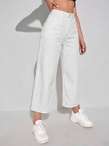 Women's Striped Colorblock Fashion Button Pocket Denim Cropped Pants - White - View 5