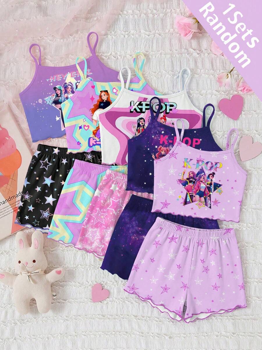Young Girls Casual Minimalist Cartoon Print Camisole Top And Shorts Loungewear Set, Suitable For Summer - Multicolor - View 1