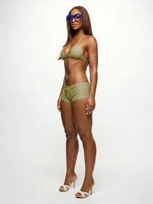 SUMWON WOMEN Halter Triangle Bikini Set With Horizontal Stripes And Lace-Up Boy Shorts For Beach Vacation Swimming Pool Summer Resort Wear - Khaki - View 3