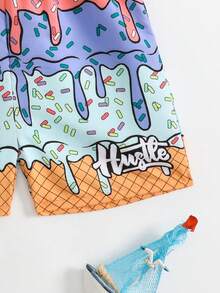 SHEIN Bañador con cordón en la cintura y estampado total para niño, adecuado para vacaciones de verano - Multicolor - Ver 5