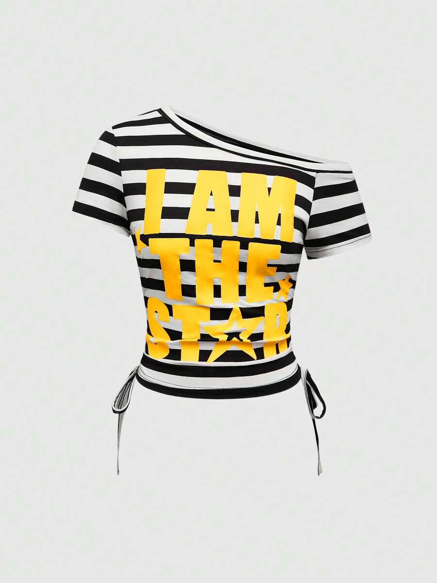 ROMWE Avant Y2k Light Y2K Millennium Striped Patchwork Bright Color Slogan Print T-Shirt - Multicolor - View 1