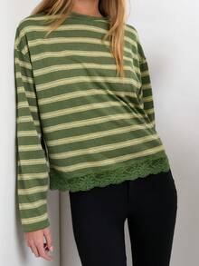 Nöista Stripes Long Sleeve With Lace Detail On The Bottom Hem - Green - View 4