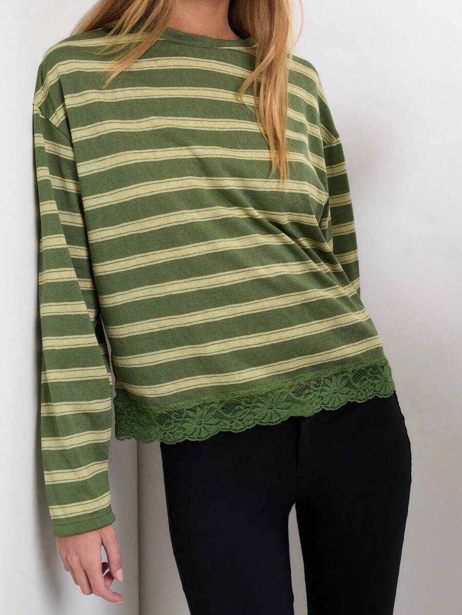 Nöista Stripes Long Sleeve With Lace Detail On The Bottom Hem - Green - View 1