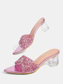 CUCCOO TILAWA Transparent Asymmetrical Chunky Heel Women's Glass Rhinestone Sandals - Dusty Pink - View 9