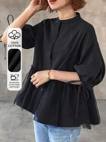 FRIFUL Women's Summer Solid Color Contrast Mesh Pleated Drawstring Tie Bow Loose Casual Versatile Blouse - Black - View 6
