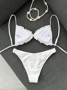 Swim Mod 刺繡網紗布料薄荷邊褶皺前綁帶蝴蝶結腰部可愛甜美時尚活潑派對兩件式比基尼套裝 - 白色 - 查看 6