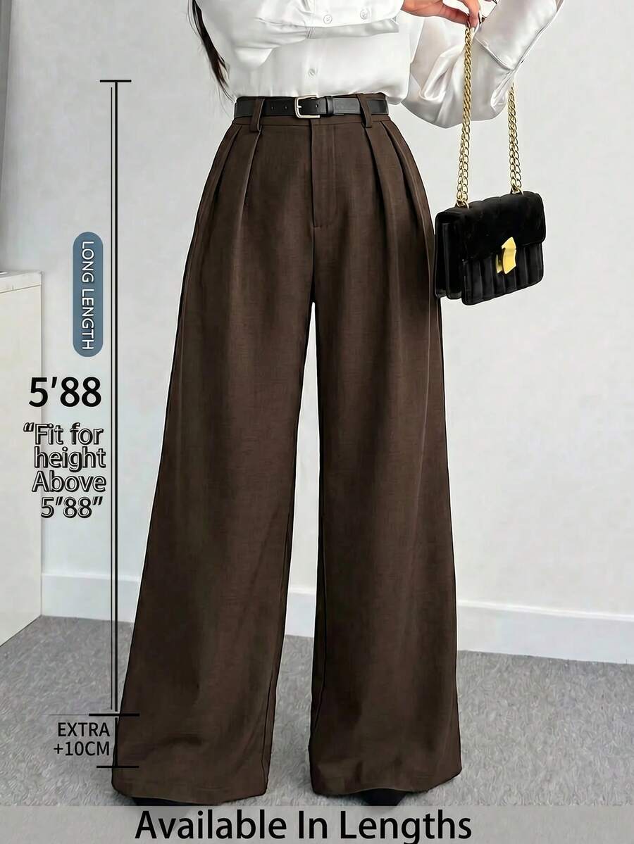 SHEIN Tall CURVE 大码女式纯色褶皱休闲百搭阔腿裤,适合日常穿着 - 咖啡棕 - 查看 1
