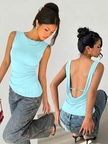 Siren Gaze Women's Solid Color Round Neck Backless Casual Tank Top Turquoise,Teal Blue,Light Blue - Cadet Blue - View 9