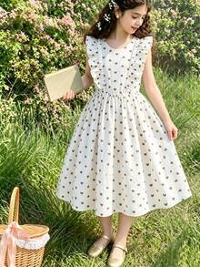SHEIN Tween Girl Print Flutter Sleeve Dress, Back To School, Daily - White - View 2