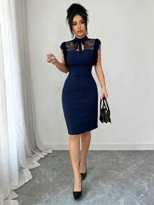 Rafferiza 女款黑色優雅修身蕾絲拼接中長洋裝 - 藏蓝色 - 查看 3