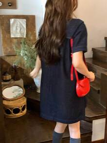 DAZY 女款翻領蝴蝶結休閒韓風水洗牛仔洋裝 - 藍色 - 查看 2
