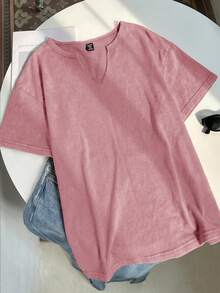 SHEIN EZwear 大尺碼春夏服飾 大尺碼春夏雪花醋酸纖維做舊巧克力棕色寬鬆短袖小V領大尺碼T恤 棉質春夏服飾 - 淺粉色 - 查看 4