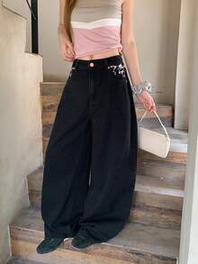 DAZY Women's Loose Floral Embroidered Casual Denim Long Pants Cute Tops - Grey - View 5